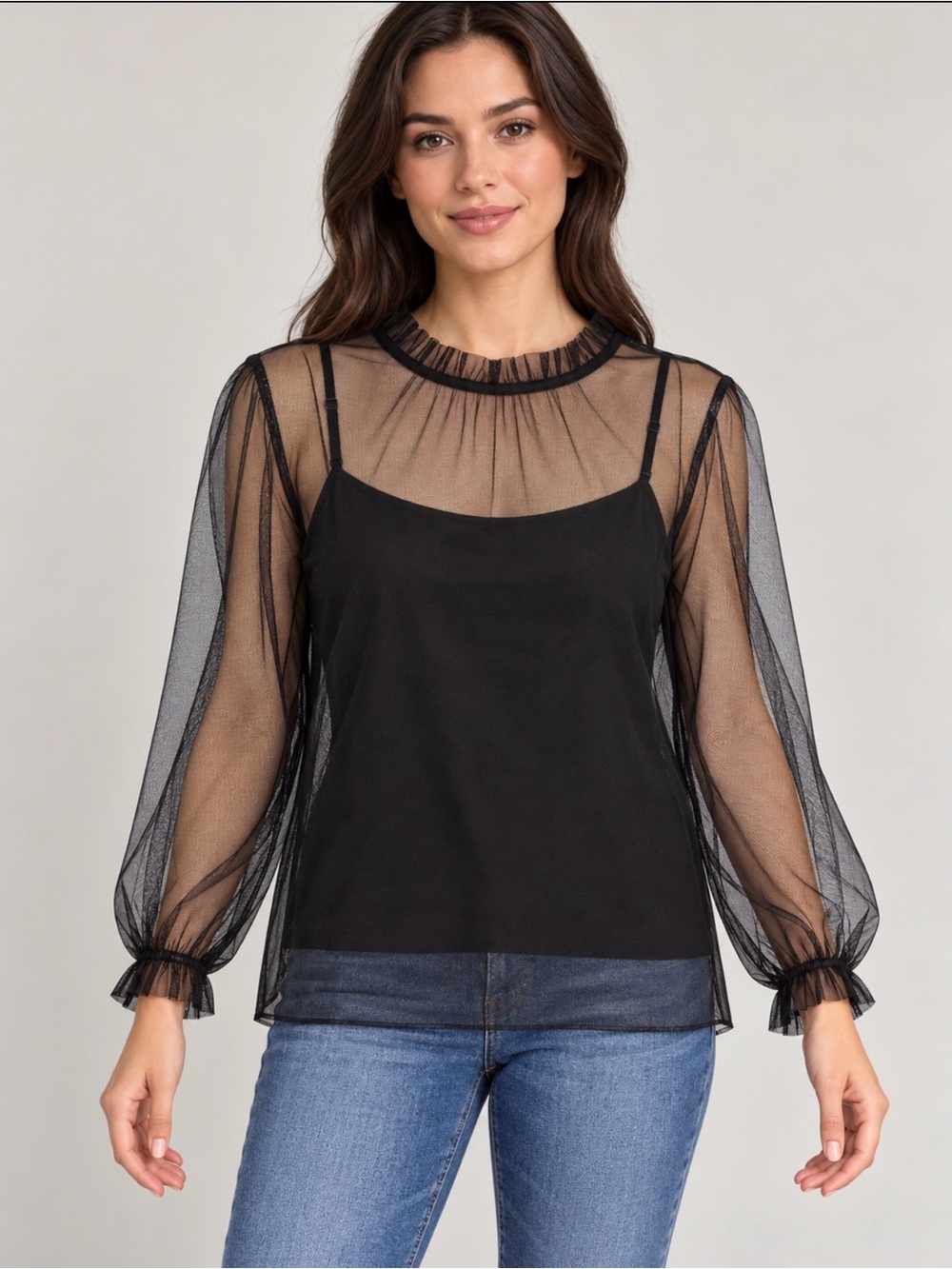 J. Crew Black Sheer Mesh Blouse with Cami Inset